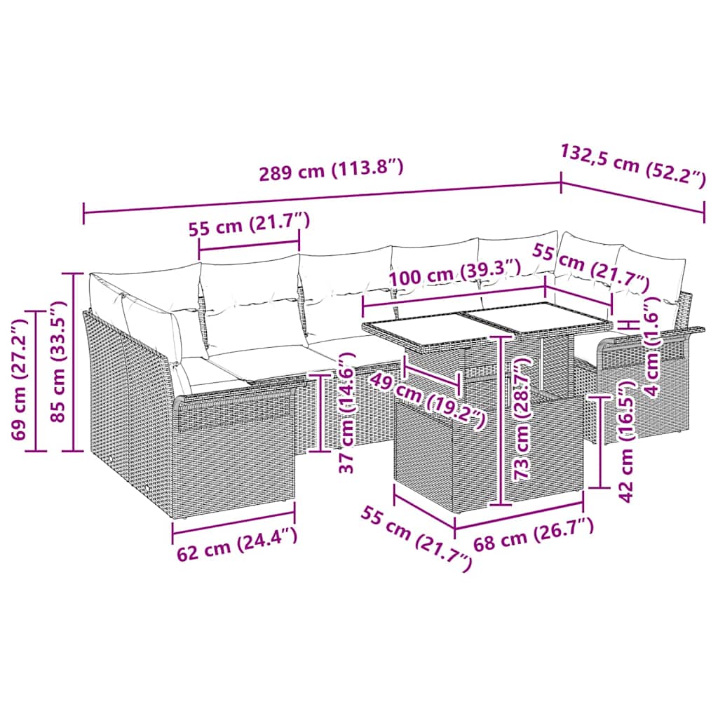 Havesofa Sæt 8 stk. Lysegrå polyrattan