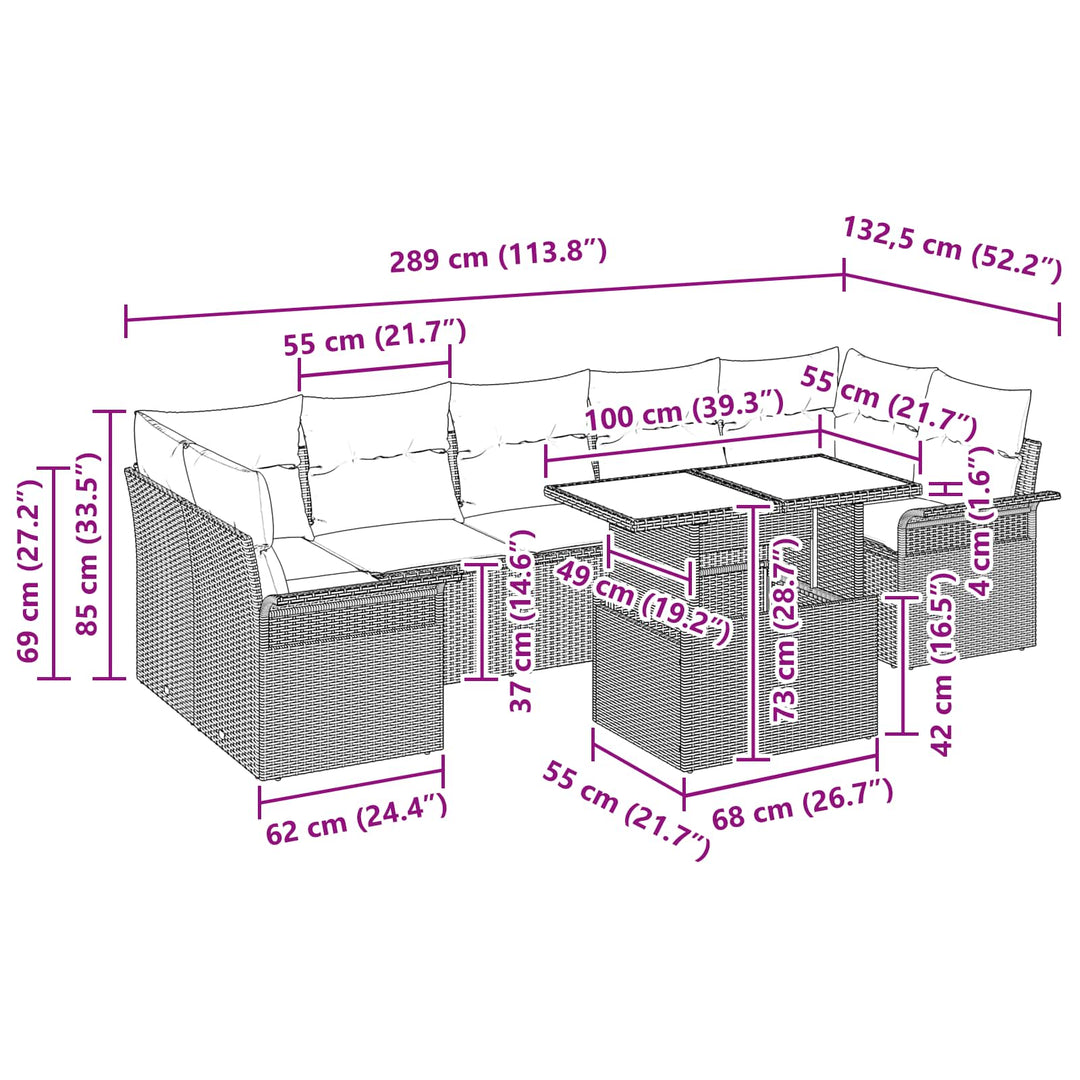 Havesofa Sæt med pude 8 pcs Sort Poly rattan