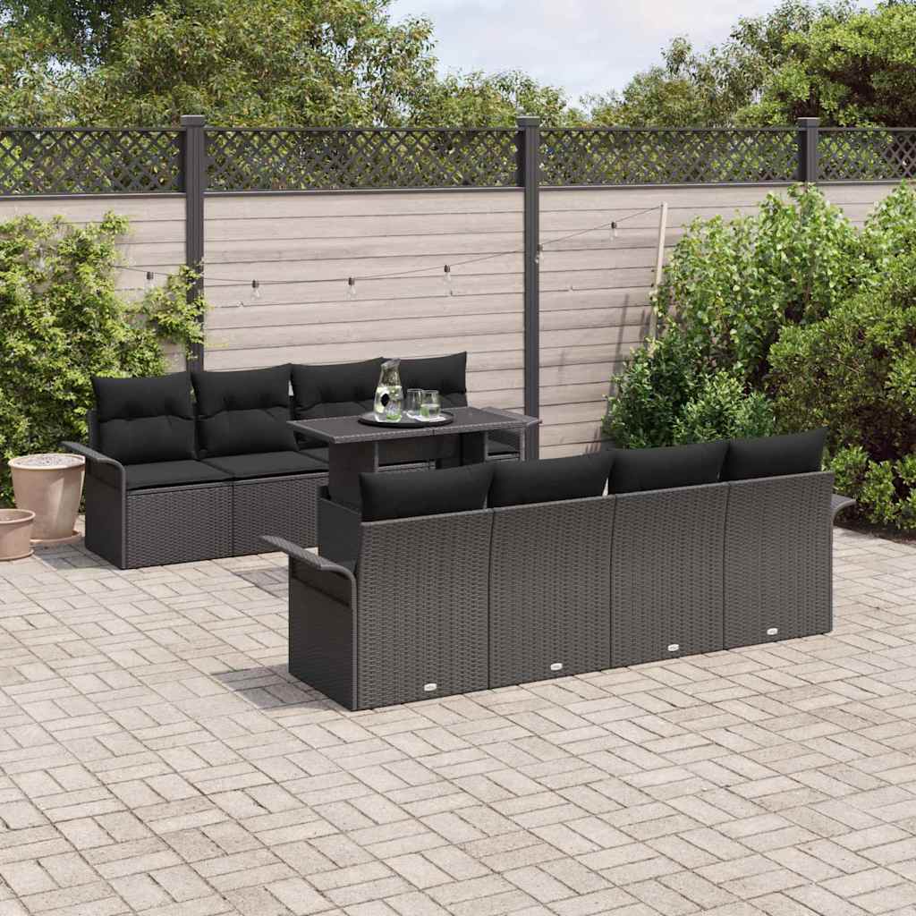 Havesofa Sæt med pude 9 pcs Sort polyrattan