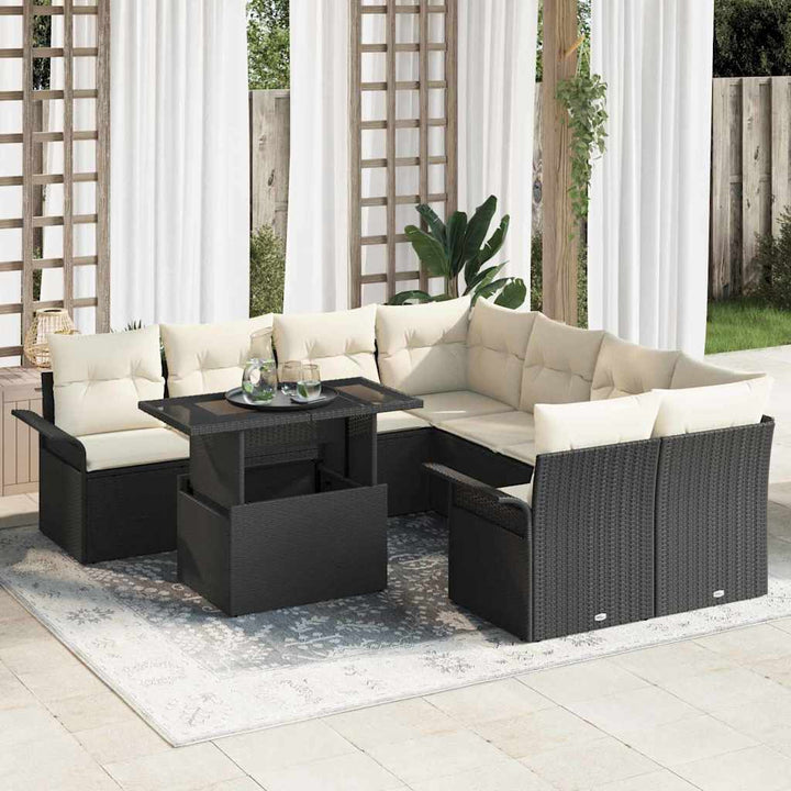 Havesofa Sæt med pude 9 pcs Sort Poly rattan