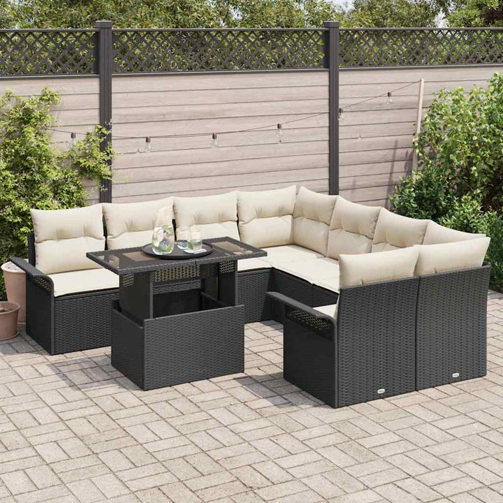 Havesofa Sæt med pude 9 pcs Sort Poly rattan