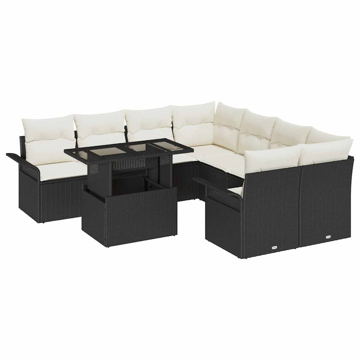 Havesofa Sæt med pude 9 pcs Sort Poly rattan