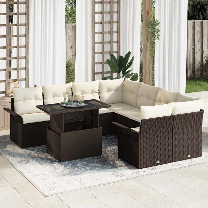 Havesofa Sæt med pude 9 pcs Brun Poly rattan