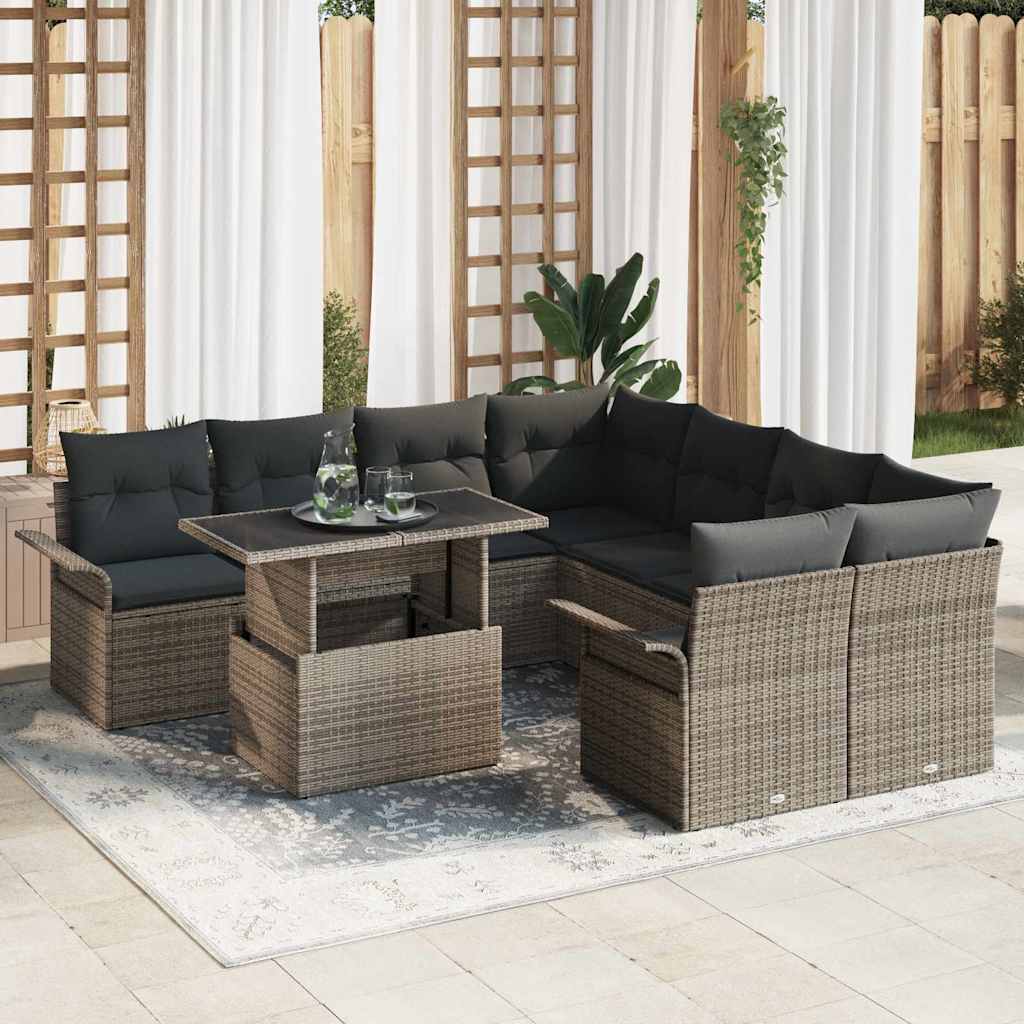 Havesofa Sæt med pude 9 pcs Grå polyrattan