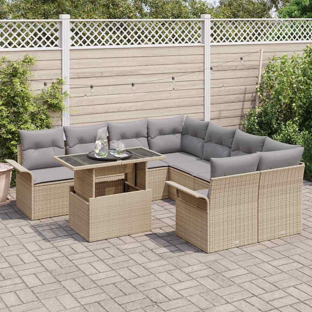 Havesofa Sæt med pude 9 pcs Beige Poly rattan