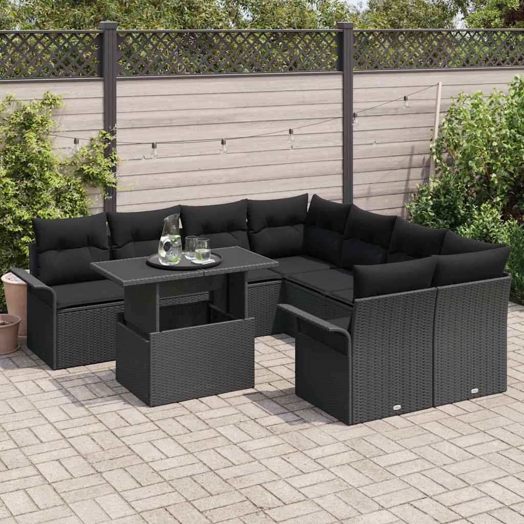 Havesofa Sæt med pude 9 pcs Sort Poly rattan