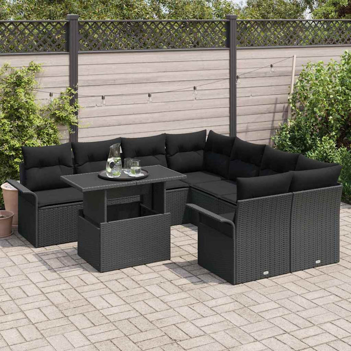 Havesofa Sæt med pude 9 pcs Sort Poly rattan