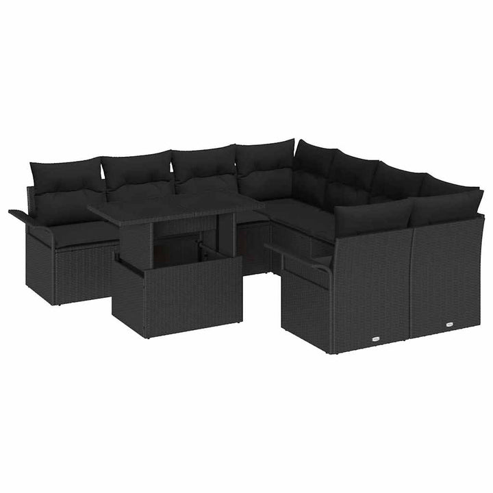 Havesofa Sæt med pude 9 pcs Sort Poly rattan