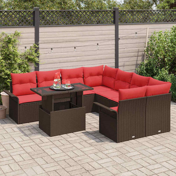 Havesofa Sæt med pude 9 pcs Brun Poly rattan