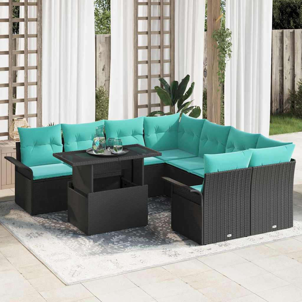 Havesofa Sæt med pude 9 pcs Sort Poly rattan