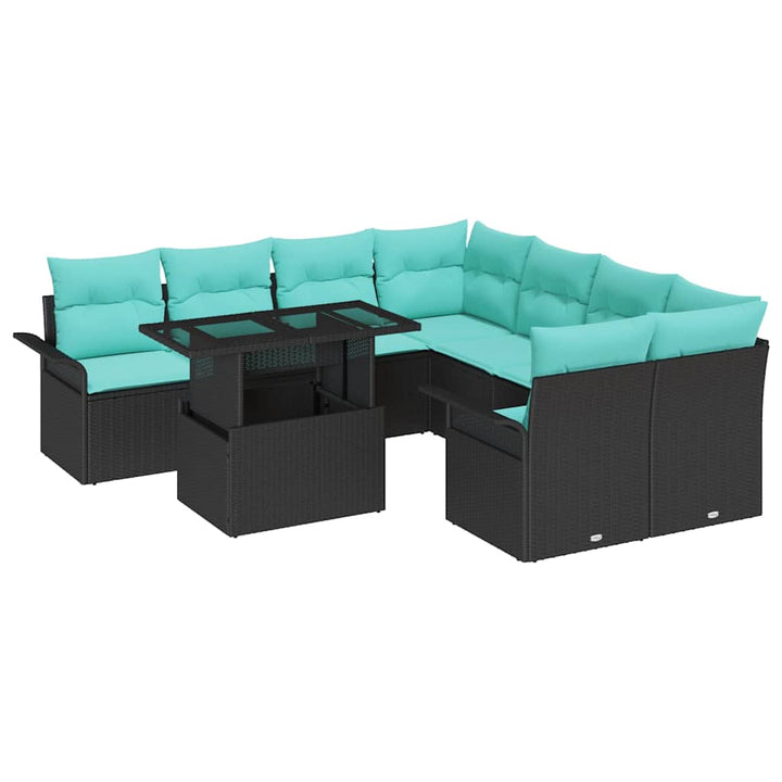 Havesofa Sæt med pude 9 pcs Sort Poly rattan