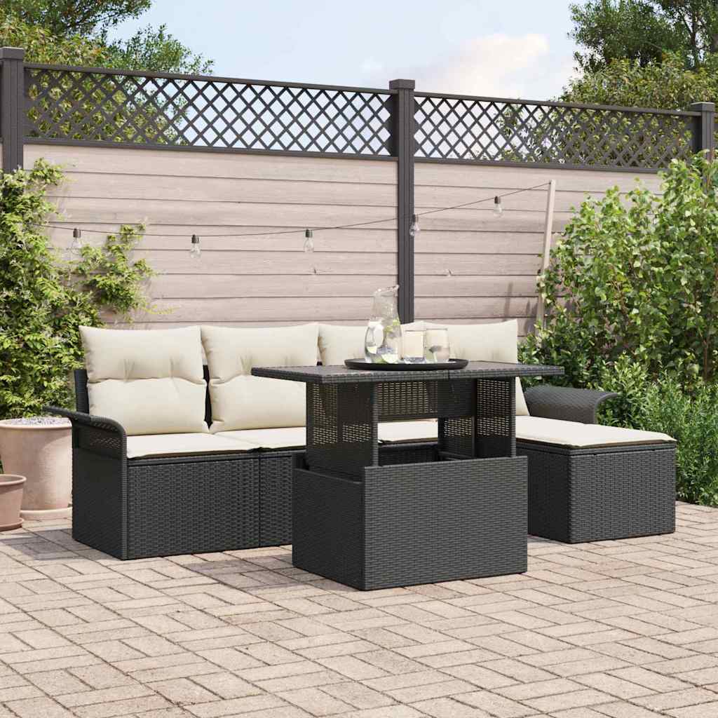 Havesofa Sæt med pude 6 pcs Sort polyrattan
