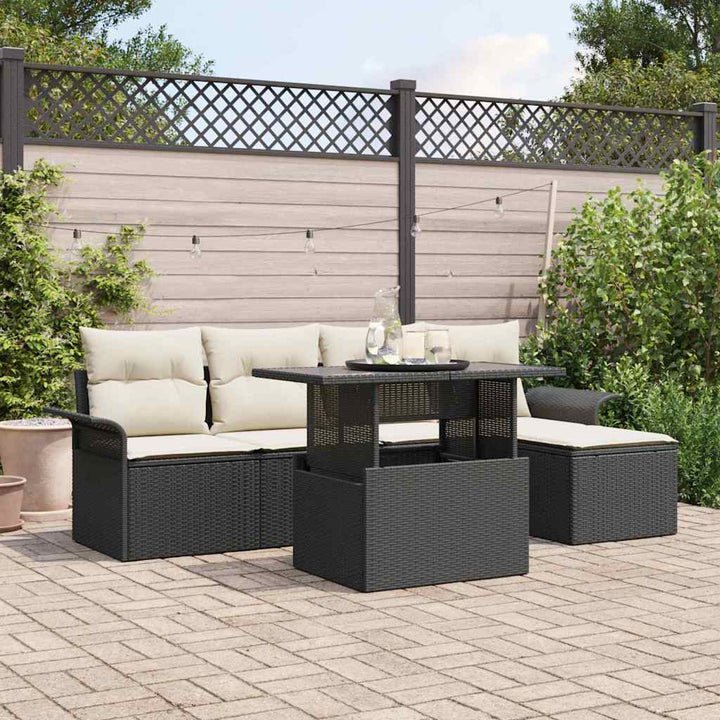 Havesofa Sæt med pude 6 pcs Sort polyrattan
