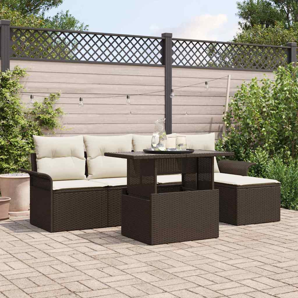 Havesofa Sæt med pude 6 pcs Brun polyrattan
