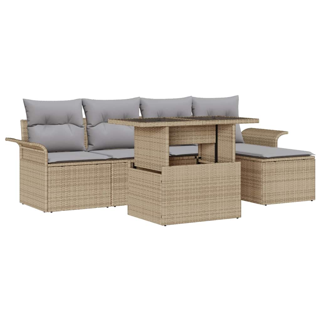 Havesofa Sæt med pude 6 pcs Beige polyrattan