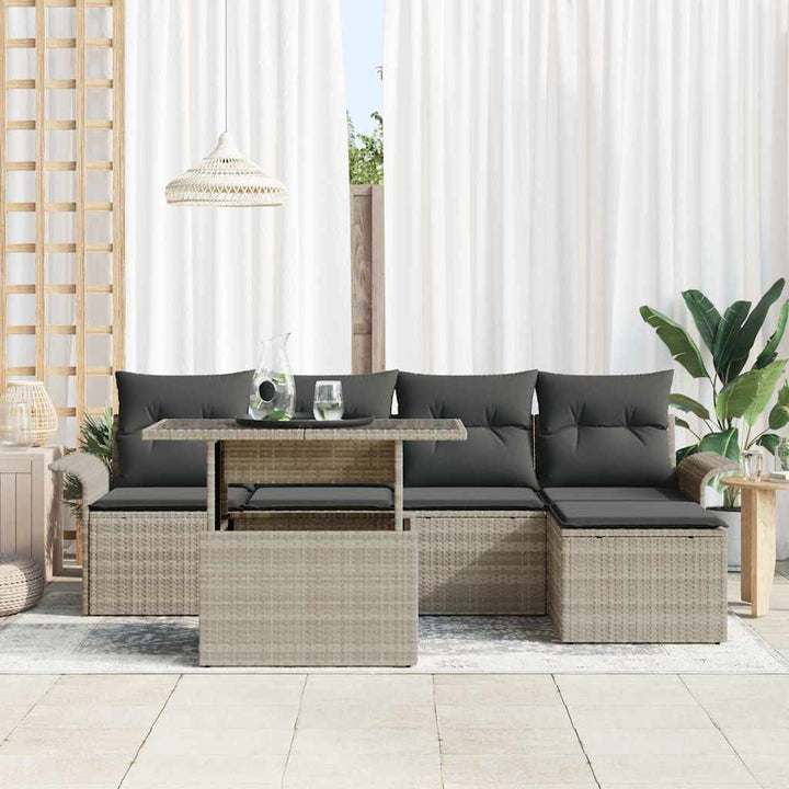 Havesofa Sæt med pude 6 pcs Lysegrå Poly rattan