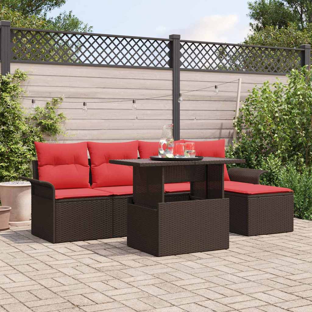 Havesofa Sæt med pude 6 pcs Brun polyrattan