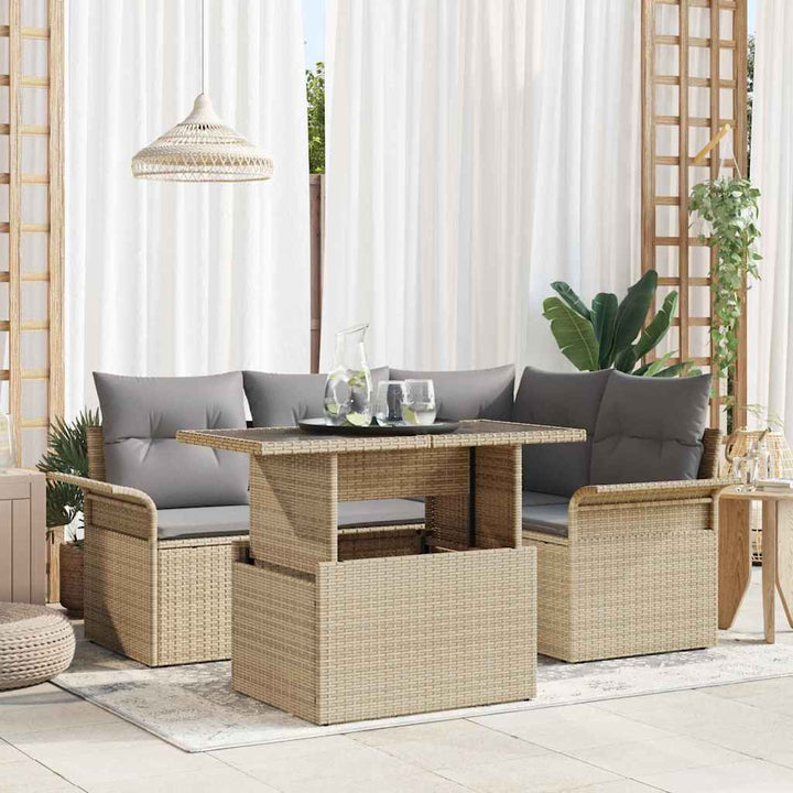 Havesofa Sæt med pude 5 pcs Beige Poly rattan