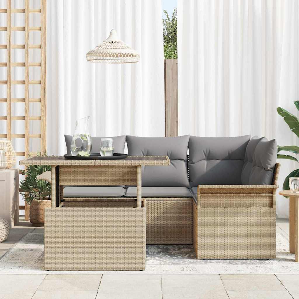 Havesofa Sæt med pude 5 pcs Beige Poly rattan