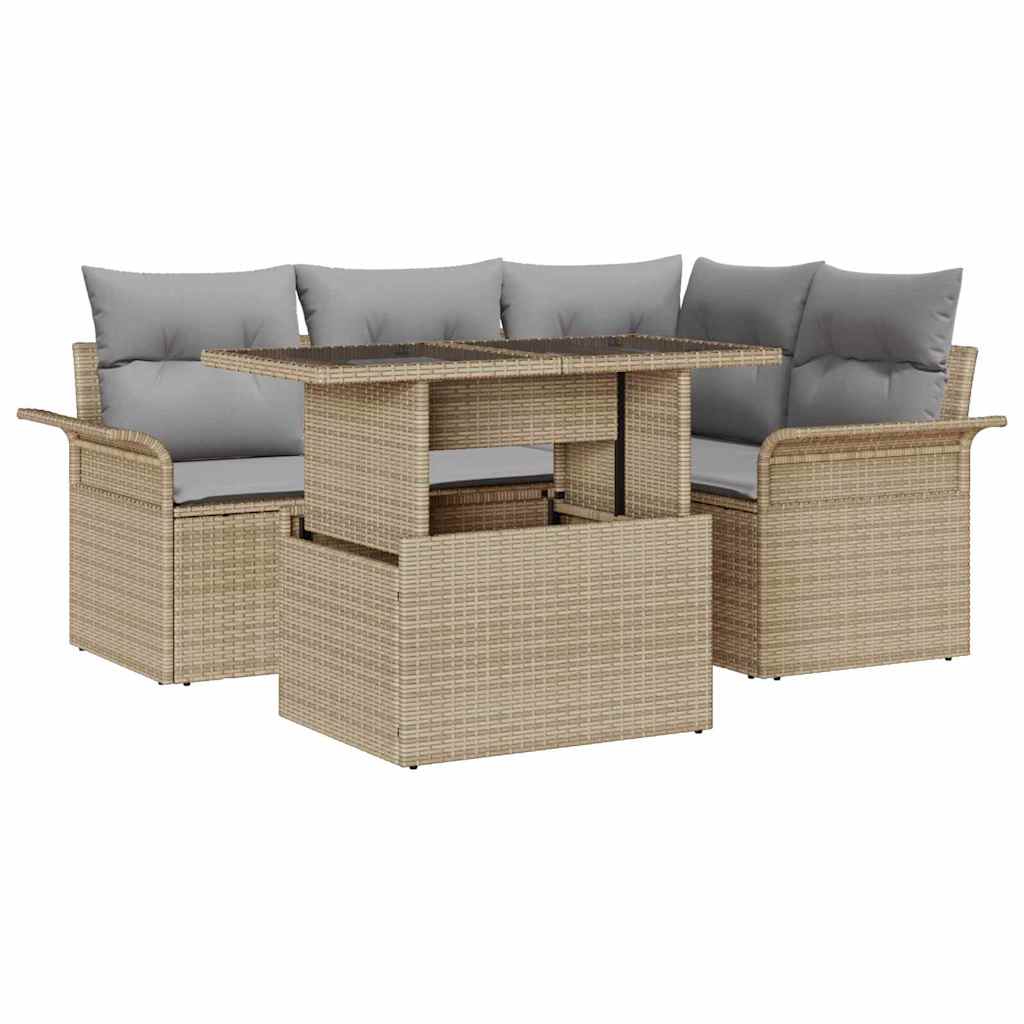 Havesofa Sæt med pude 5 pcs Beige Poly rattan