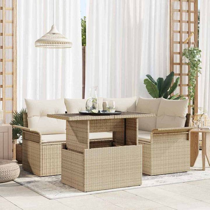 Havesofa Sæt med pude 5 pcs Beige Poly rattan