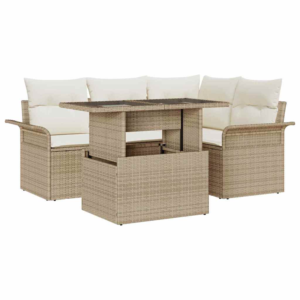 Havesofa Sæt med pude 5 pcs Beige Poly rattan