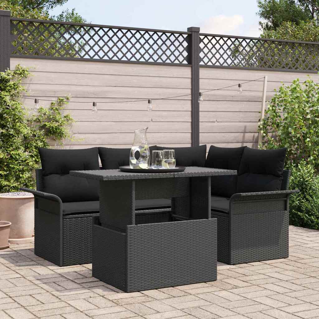 Havesofa Sæt med pude 5 pcs Sort Poly rattan