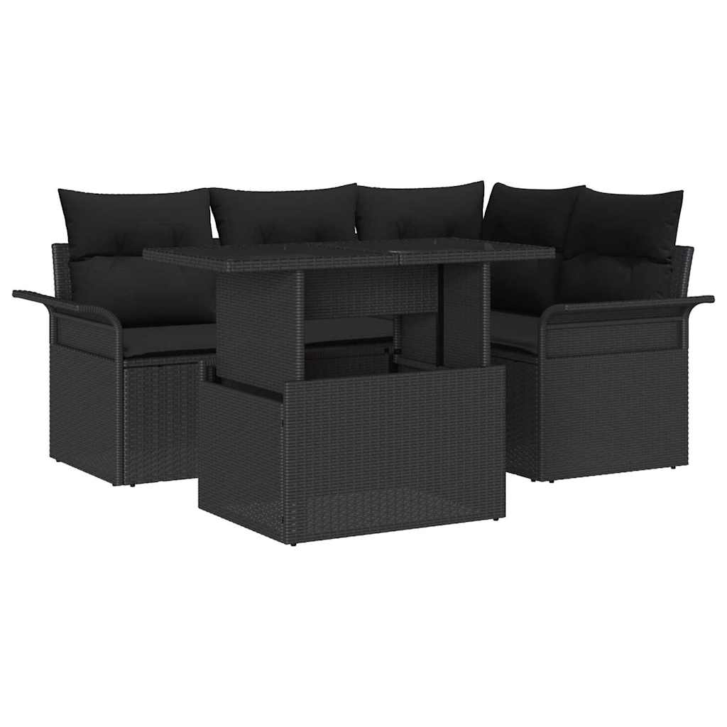 Havesofa Sæt med pude 5 pcs Sort Poly rattan
