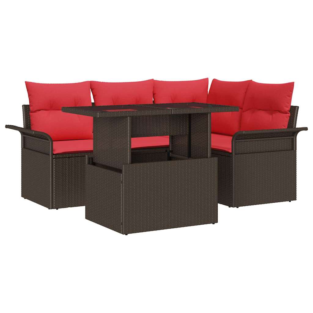 Havesofa Sæt med pude 5 pcs Brun polyrattan