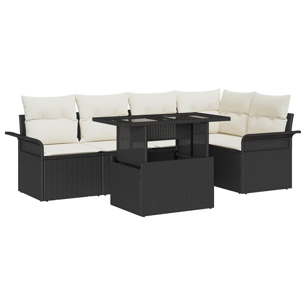 Havesofa Sæt med pude 6 pcs Sort polyrattan