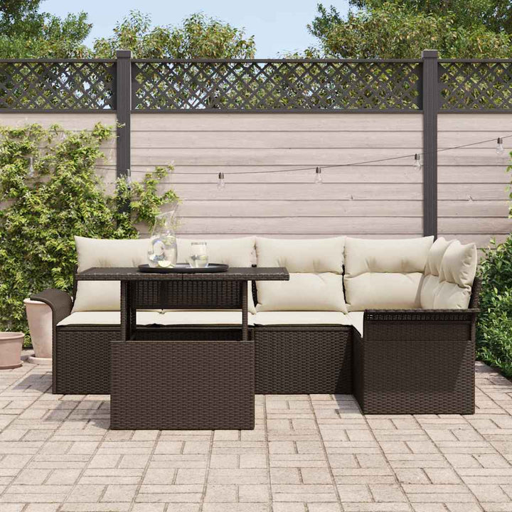 Havesofa Sæt med pude 6 pcs Brun polyrattan