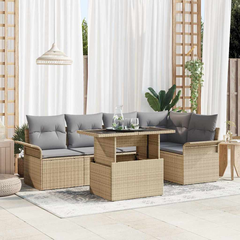 Havesofa Sæt med pude 6 pcs Beige polyrattan