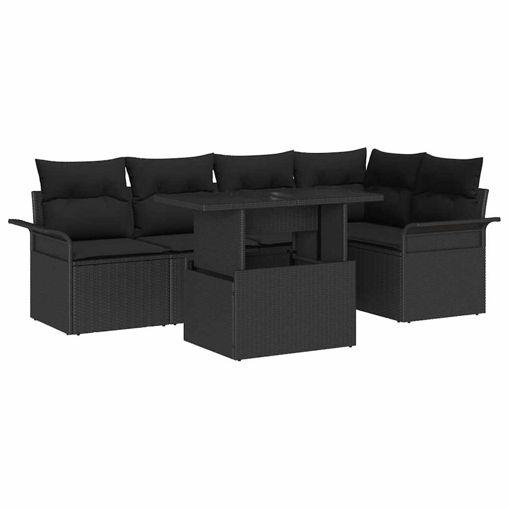 Havesofa Sæt med pude 6 pcs Sort polyrattan