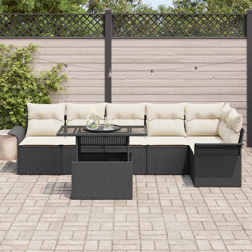 Havesofa Sæt med pude 7 pcs Sort Poly rattan