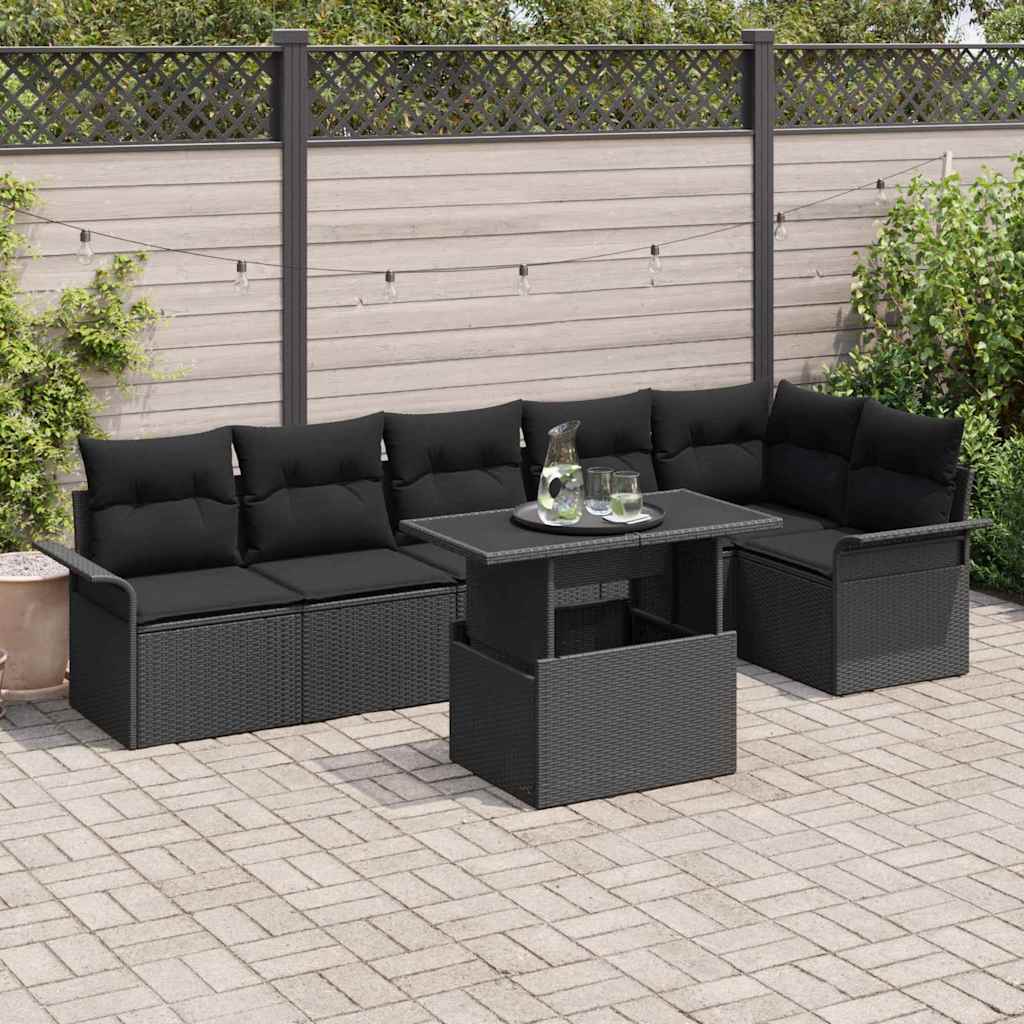 Havesofa Sæt med pude 7 pcs Sort Poly rattan