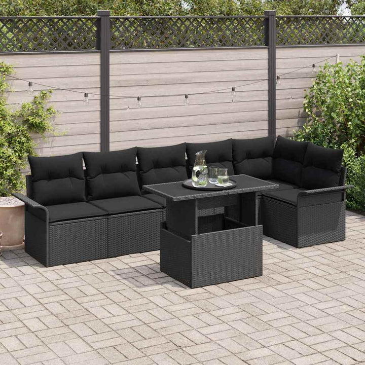 Havesofa Sæt med pude 7 pcs Sort Poly rattan