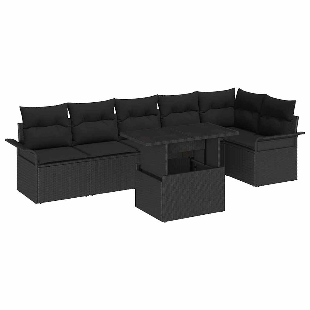 Havesofa Sæt med pude 7 pcs Sort Poly rattan