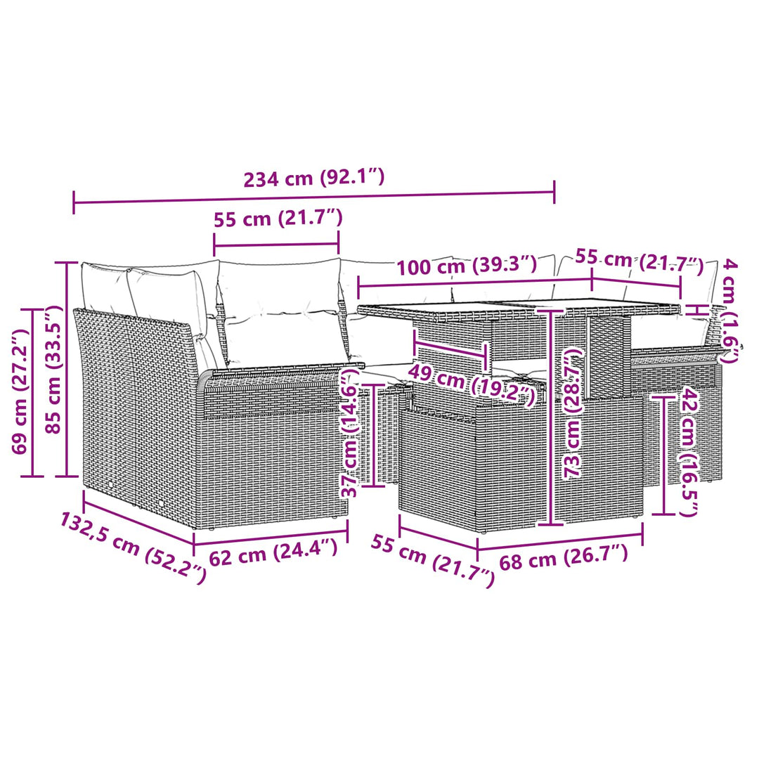Havesofa Sæt med pude 7 pcs Grå Poly rattan
