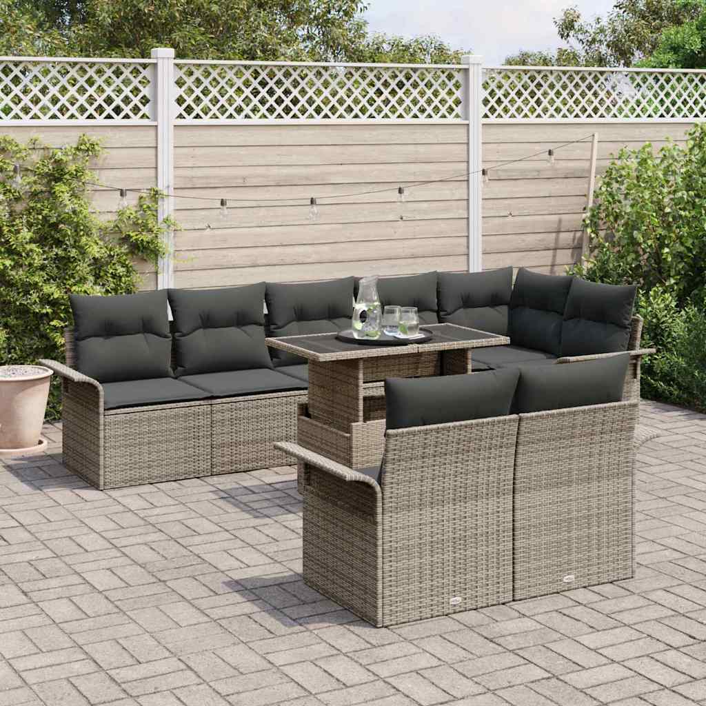 Havesofa Sæt med pude 9 pcs Grå Poly rattan
