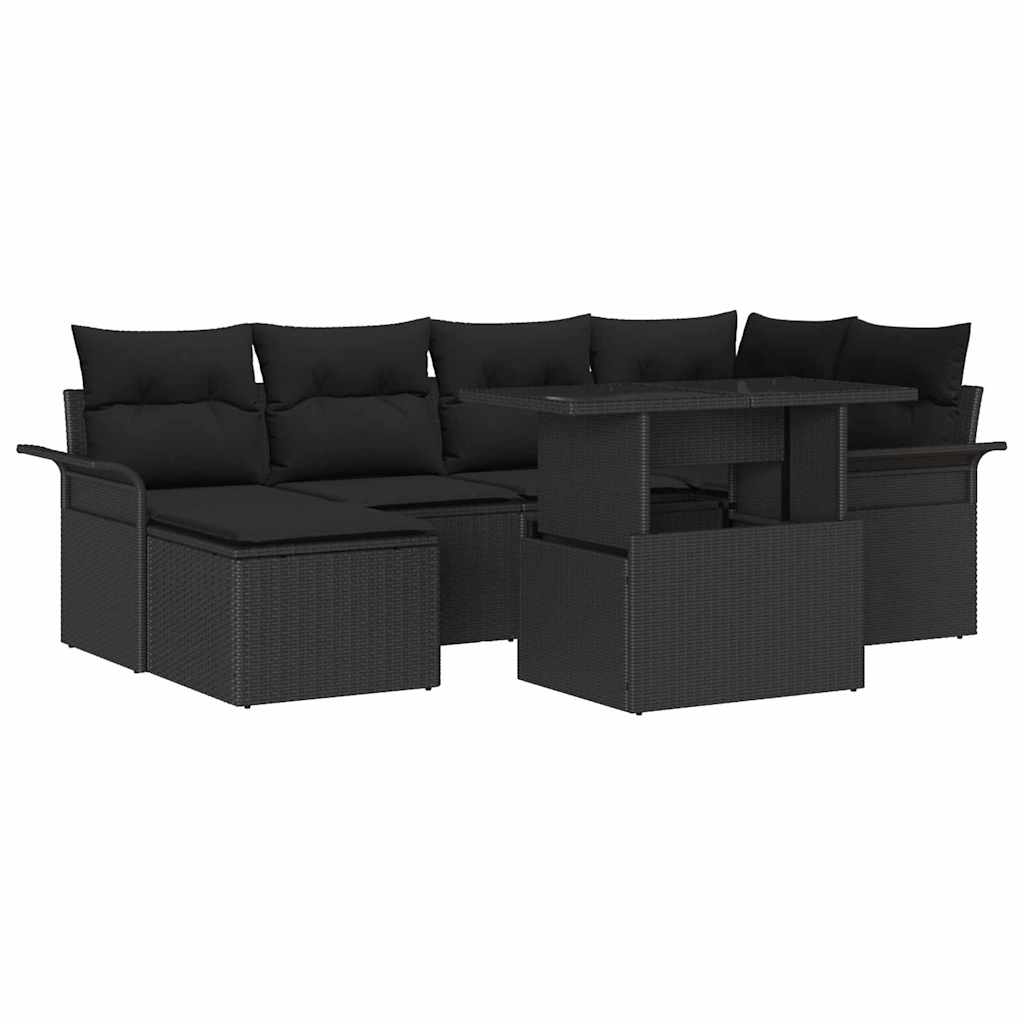 Havesofa Sæt med pude 7 pcs Sort Poly rattan