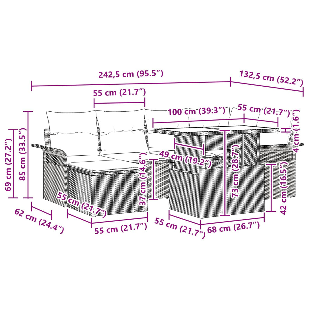 Havesofa Sæt med pude 7 pcs Brun polyrattan