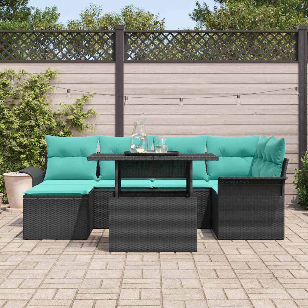 Havesofa Sæt med pude 7 pcs Sort Poly rattan