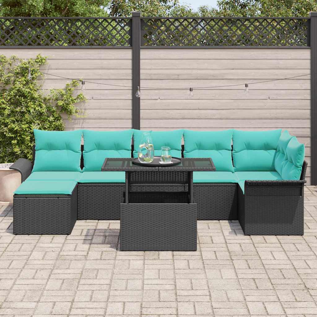 Havesofa Sæt med pude 8 pcs Sort polyrattan