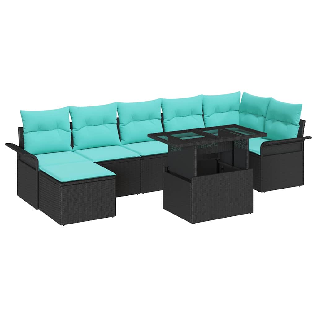 Havesofa Sæt med pude 8 pcs Sort polyrattan