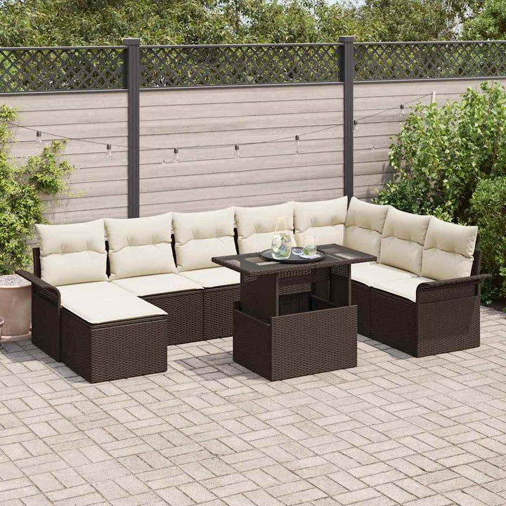 Havesofa Sæt med pude 9 pcs Brun polyrattan