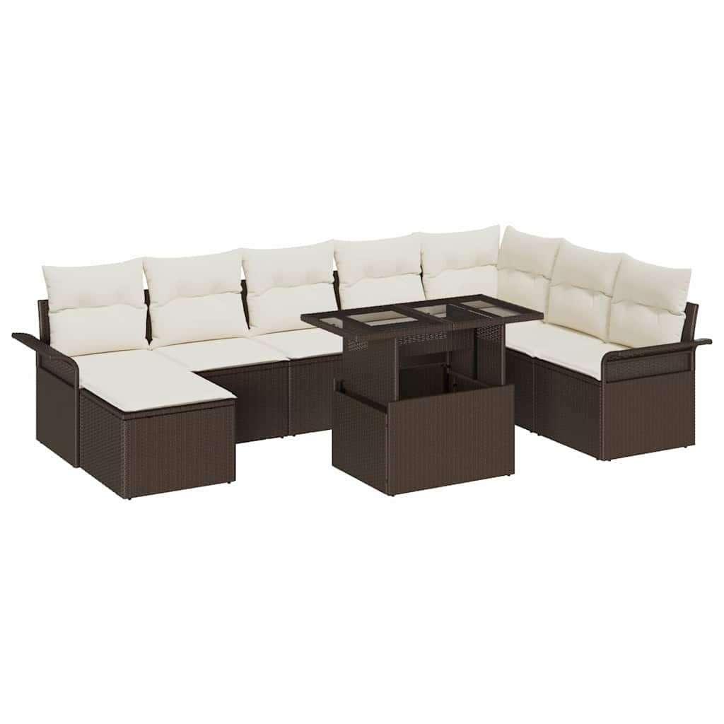 Havesofa Sæt med pude 9 pcs Brun polyrattan