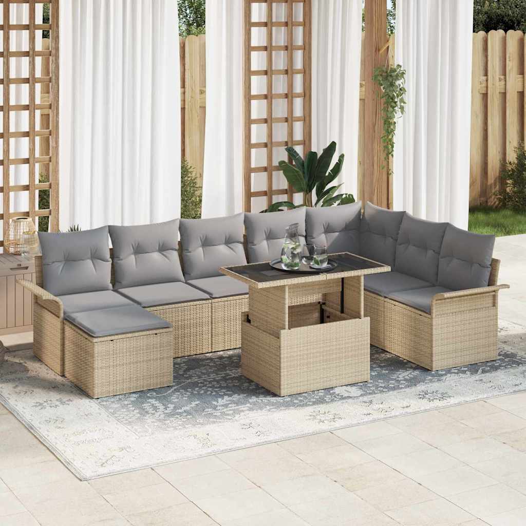 Havesofa Sæt med pude 9 pcs Beige polyrattan