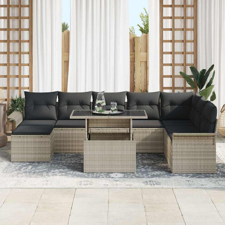 Havesofa Sæt med pude 9 pcs Lysegrå polyrattan