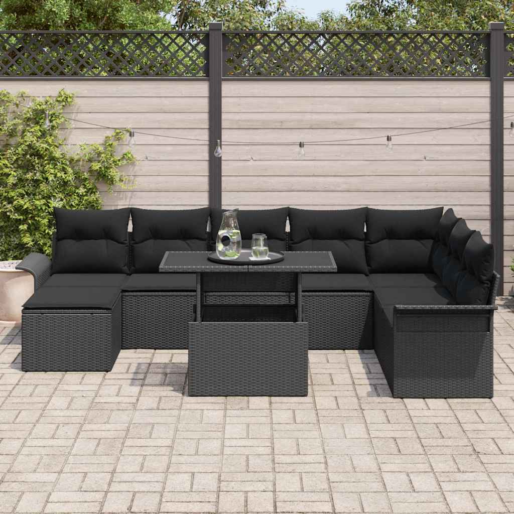 Havesofa Sæt med pude 9 pcs Sort polyrattan