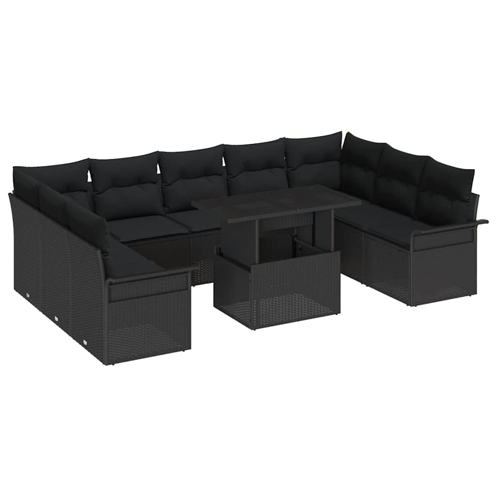 Havesofa Sæt med pude 10 pcs Sort Poly rattan